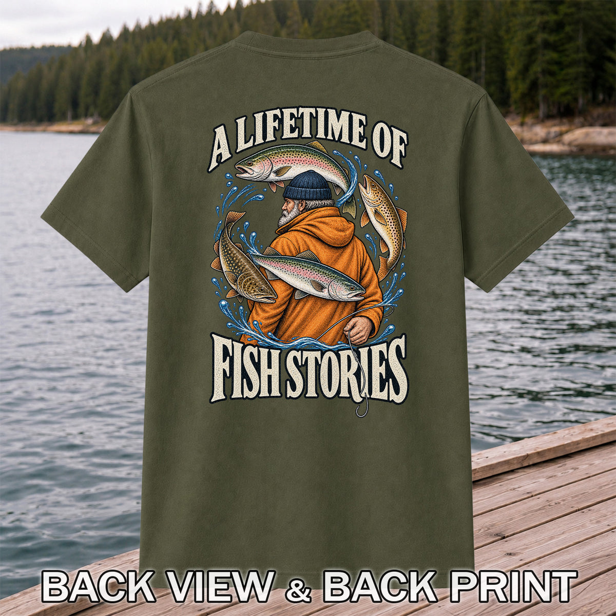 A Lifetime of Fish Stories Angler and Trout Fishing Graphic T-Shirt | Back Print