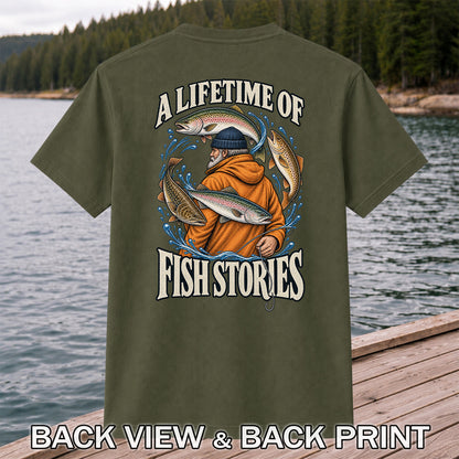 A Lifetime of Fish Stories Angler and Trout Fishing Graphic T-Shirt | Back Print