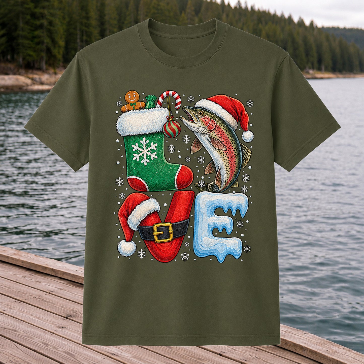 Christmas LOVE Rainbow Trout and Stocking Fishing Graphic T-Shirt