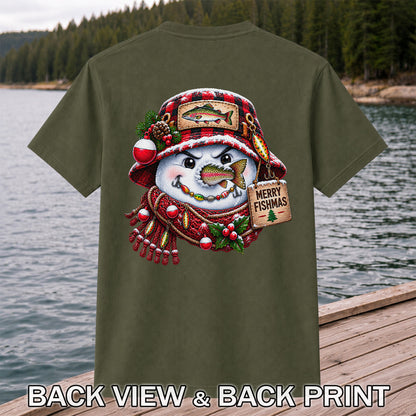 Merry Fishmas Snowman with Rainbow Trout Christmas Fishing T-Shirt | Back Print
