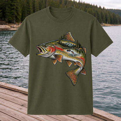 Rainbow Trout Mountain Lake Fishing Scene Graphic T-Shirt