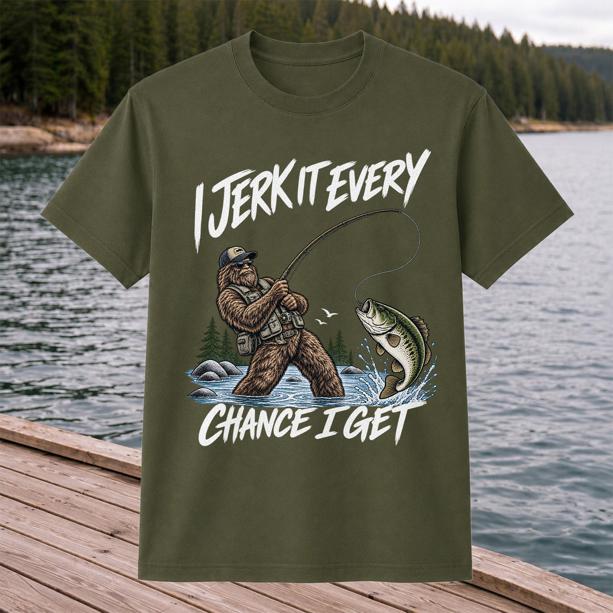Jerk It Every Chance I Get Bigfoot Fishing Graphic T-Shirt