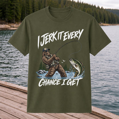 Jerk It Every Chance I Get Bigfoot Fishing Graphic T-Shirt