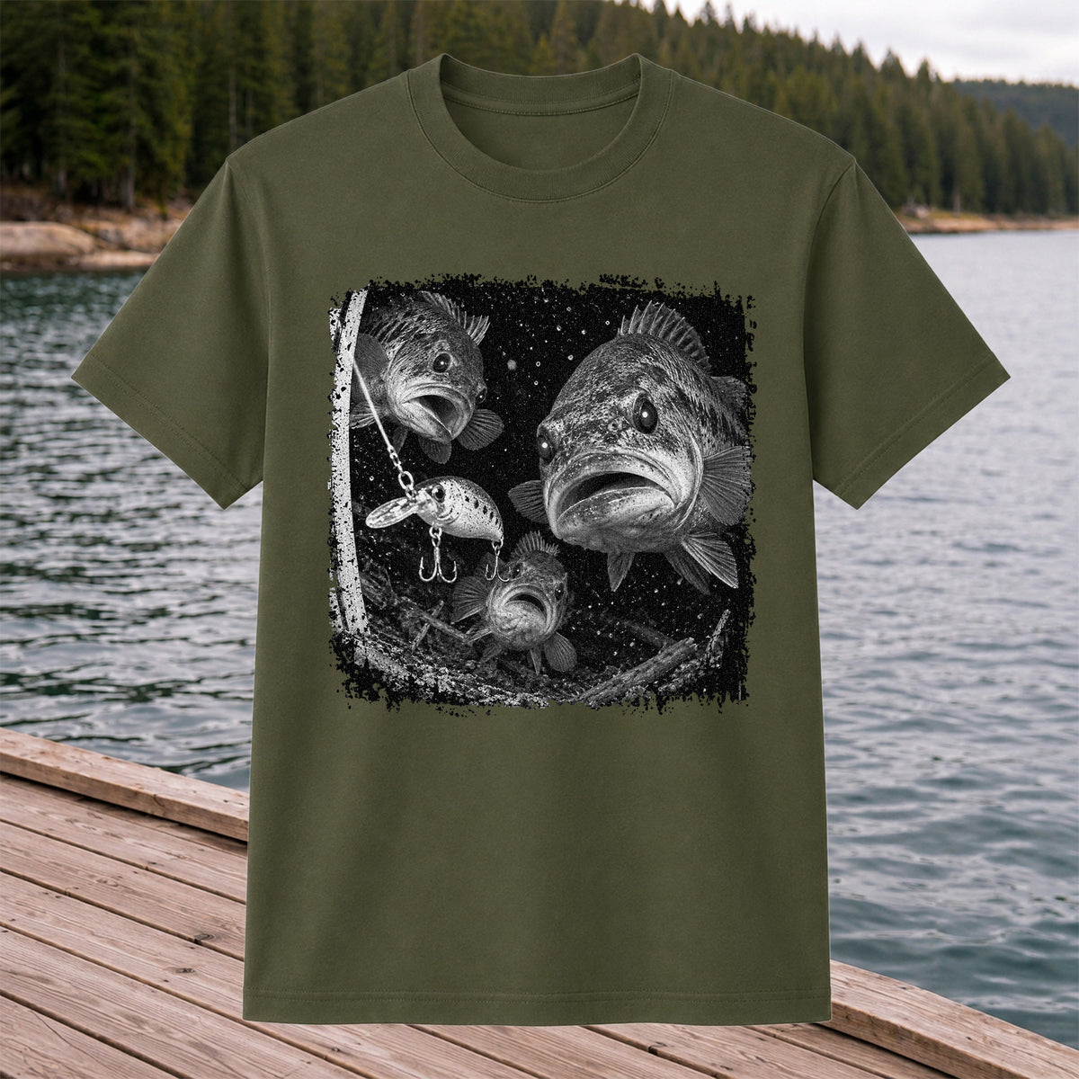 Vintage Bass Fishing Graphic T-Shirt with Underwater Fish Artwork