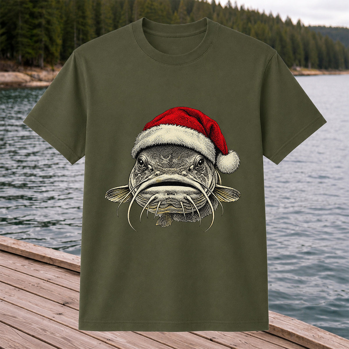 Christmas Catfish Santa Hat Holiday Fishing Graphic T-Shirt