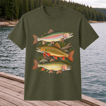 Vintage Rainbow Brook and Brown Trout Fishing Graphic T-Shirt