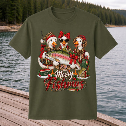 Merry Fishmas Christmas Ducks with Rainbow Trout Fishing T-Shirt