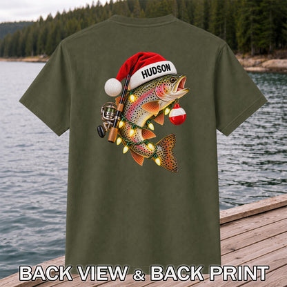 Hudson Santa Hat Rainbow Trout Christmas Fishing T-Shirt | Back Print