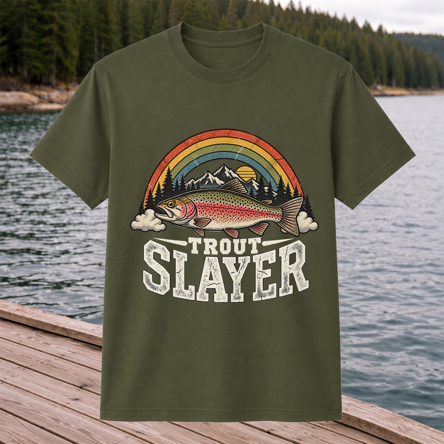 Trout Slayer Rainbow Trout Mountain Sunset Fishing T-Shirt