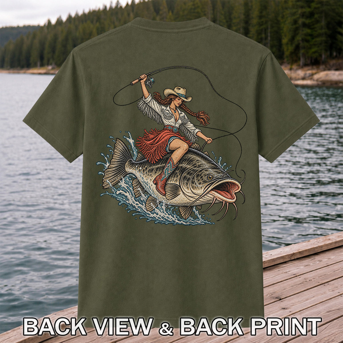 Cowgirl Riding a Largemouth Bass Fishing Graphic T-Shirt | Back Print
