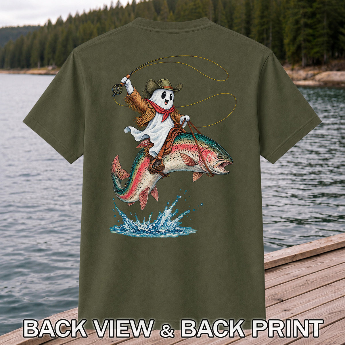 Ghost Cowboy Riding a Rainbow Trout Halloween Fishing T-Shirt | Back Print