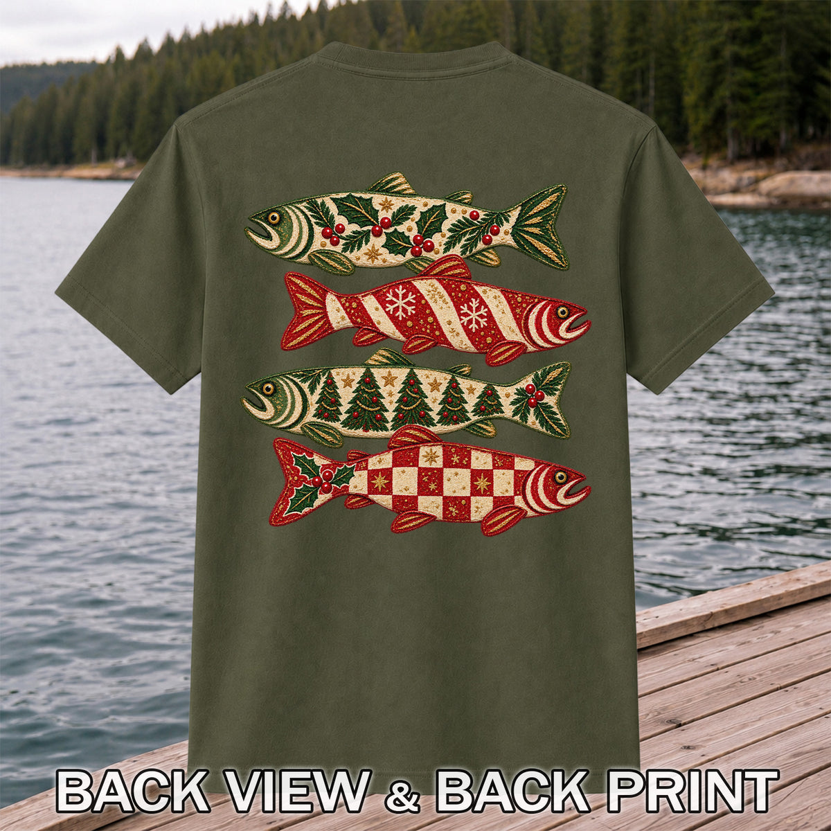 Christmas Trout Holiday Pattern Fishing Graphic T-Shirt | Back Print