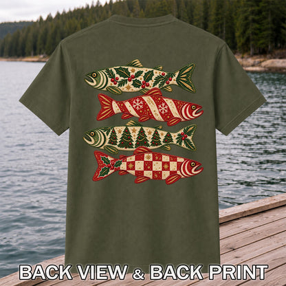Christmas Trout Holiday Pattern Fishing Graphic T-Shirt | Back Print