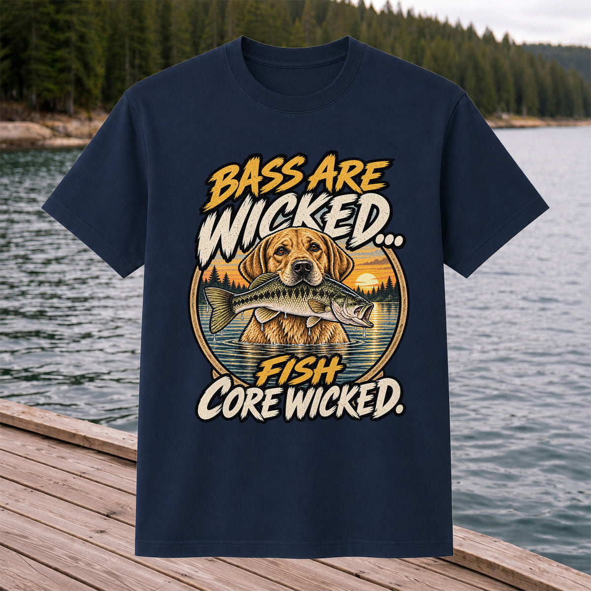 Bass Are Wicked Fish Core Wicked Dog Holding Bass Fishing T-Shirt