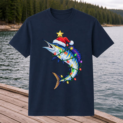 Christmas Marlin Wrapped in Lights Fishing T-Shirt