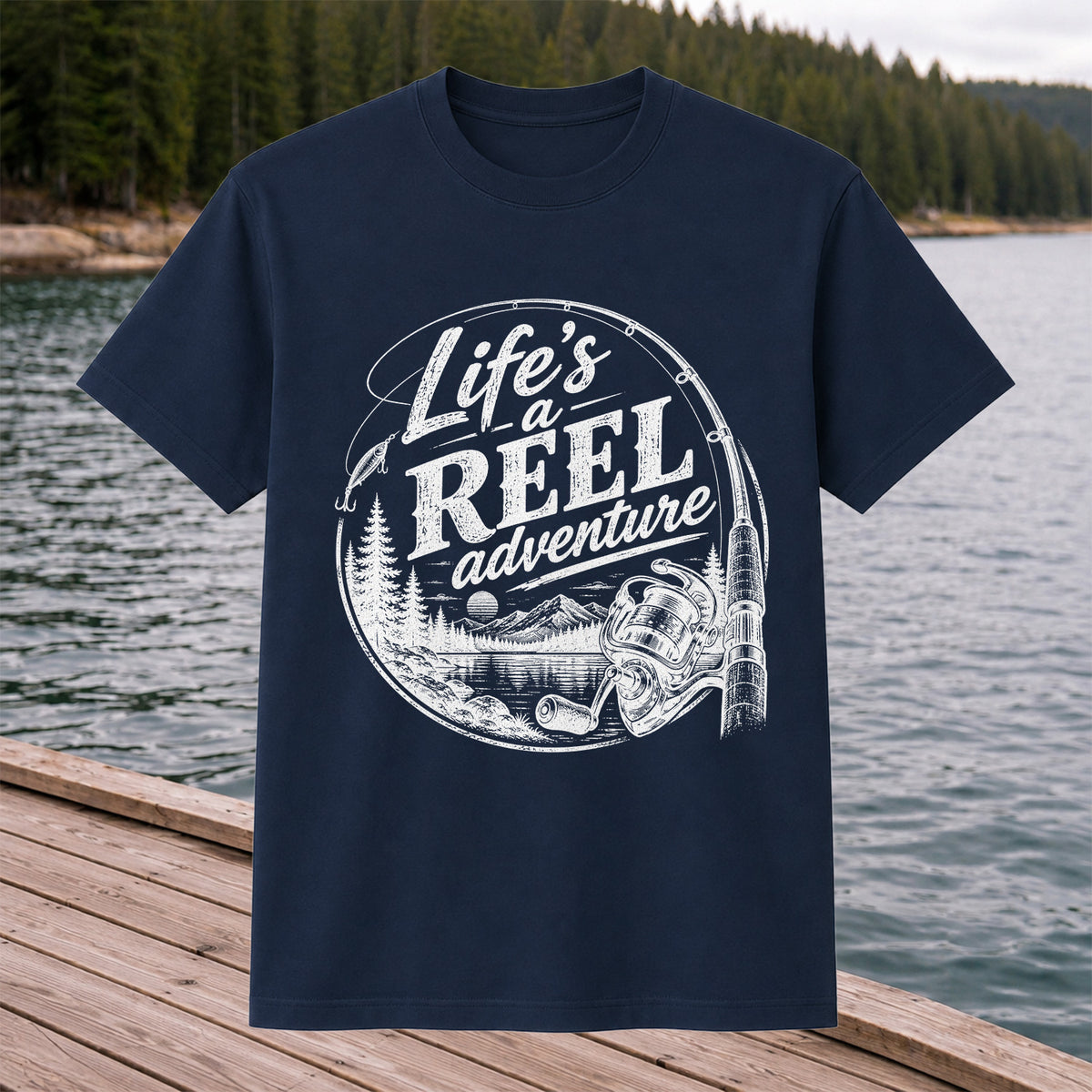 Life's a Reel Adventure Fishing Rod and Mountain Lake T-Shirt