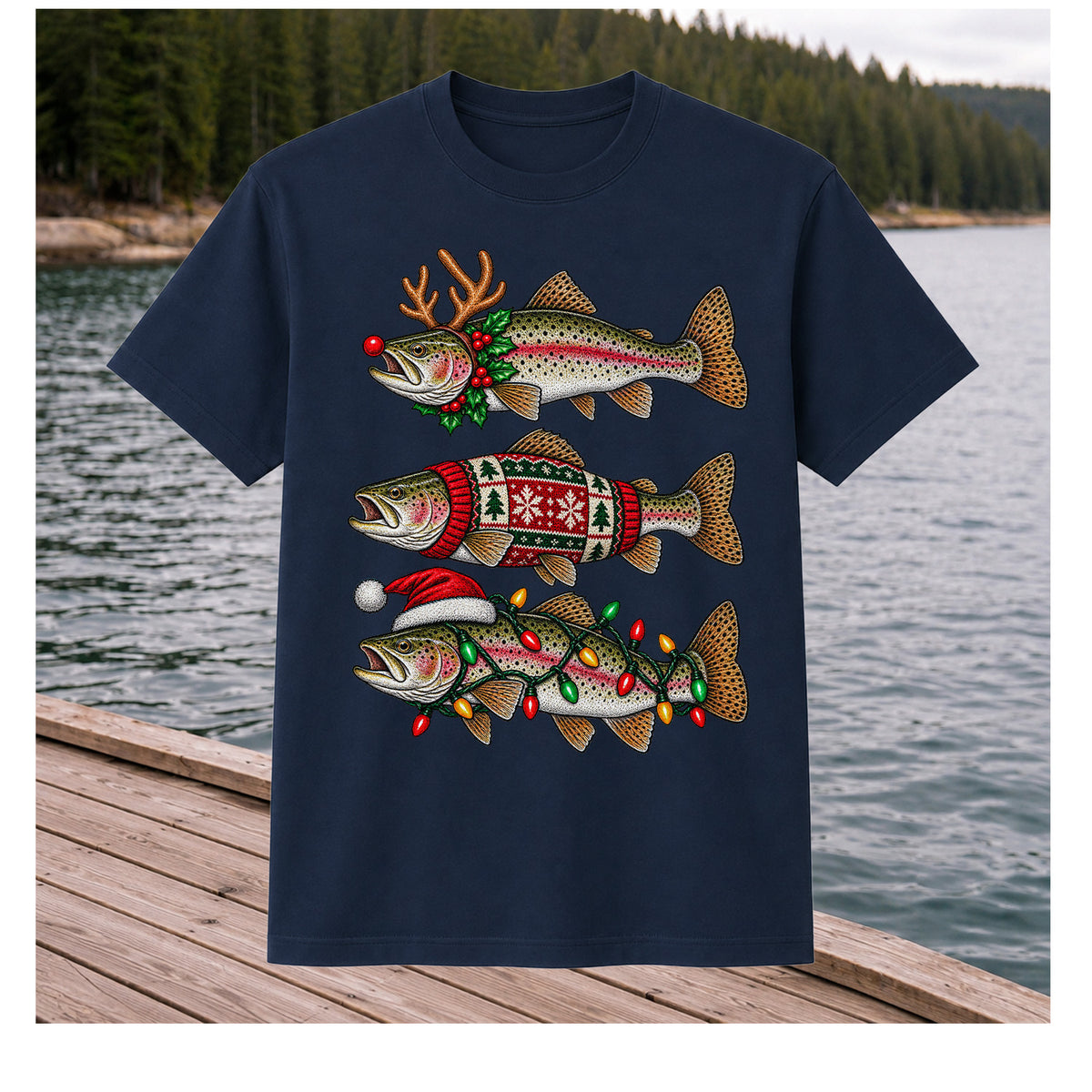 Christmas Trout Antlers Sweater and Lights Fishing T-Shirt