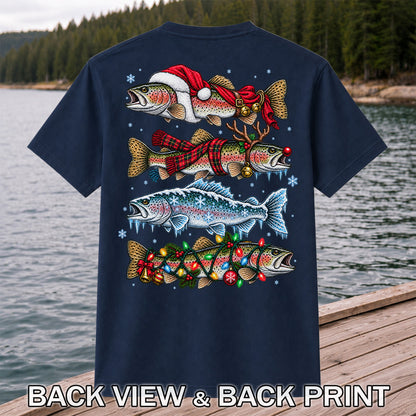 Christmas Rainbow Trout Holiday Fishing Graphic T-Shirt | Back Print