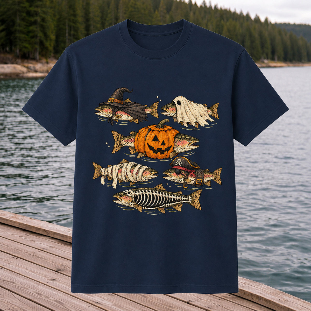 Rainbow Trout Halloween Costumes Witch Ghost Pumpkin Mummy Pirate Skeleton Fishing T-Shirt