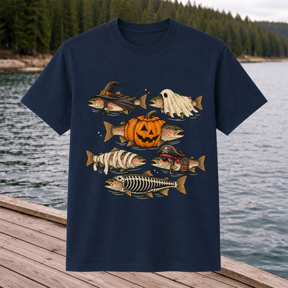 Rainbow Trout Halloween Costumes Witch Ghost Pumpkin Mummy Pirate Skeleton Fishing T-Shirt