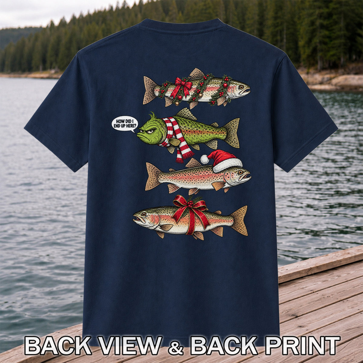Christmas Trout Fishing Holiday Graphic T-Shirt | Back Print