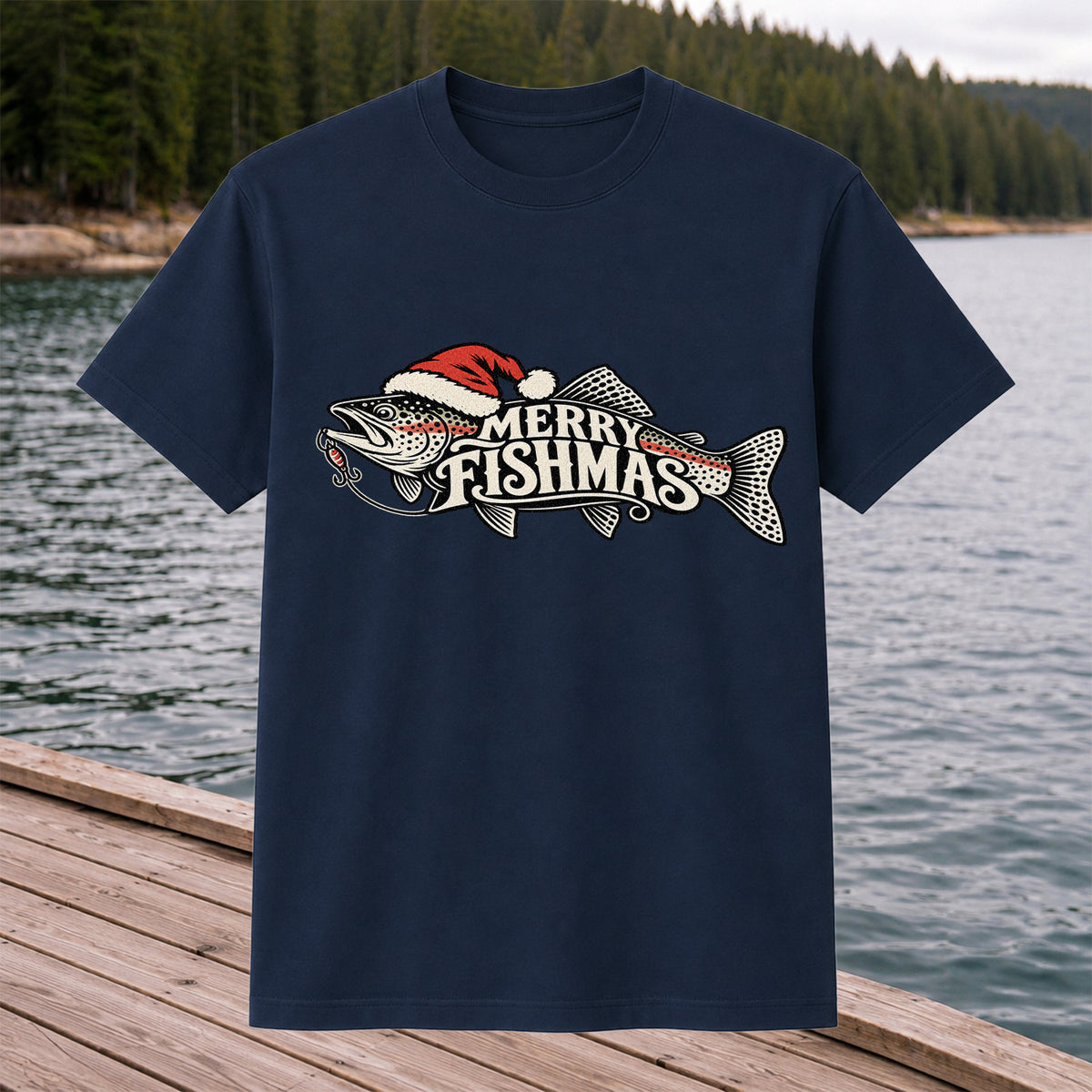 Merry Fishmas Rainbow Trout with Red Santa Hat and Lure Fishing T-Shirt