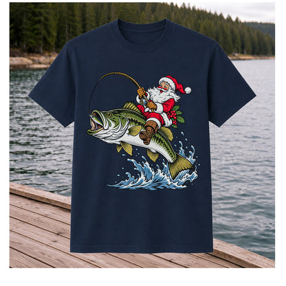 Santa Claus Riding a Bass Christmas Fishing Graphic T-Shirt