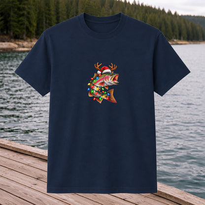 Christmas Rainbow Trout with Santa Hat, Antlers and Holiday Lights Fishing T-Shirt