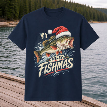 Merry Fishmas Santa Hat Largemouth Bass Fishing T-Shirt