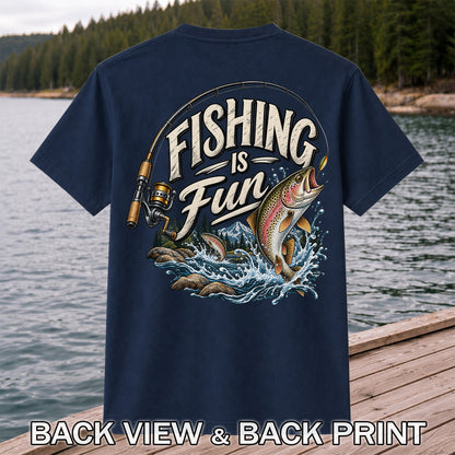 Fishing Is Fun Rainbow Trout and Mountain Graphic T-Shirt | Back Print