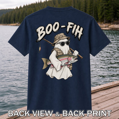 Boo-Fih Ghost Holding Rainbow Trout Halloween Fishing T-Shirt | Back Print