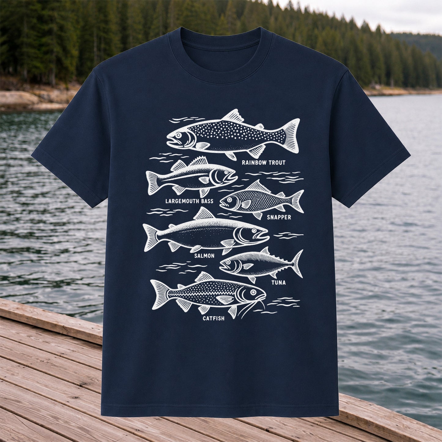 Rainbow Trout, Largemouth Bass, Snapper, Salmon, Tuna and Catfish Fishing Graphic T-Shirt