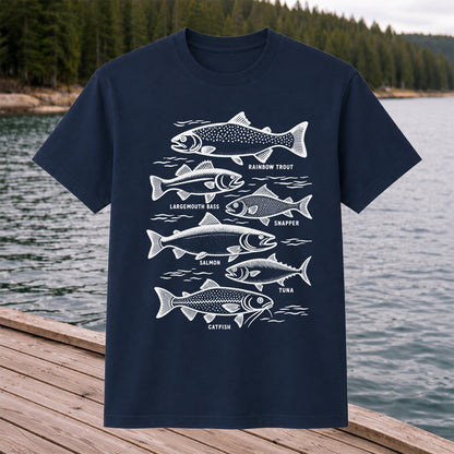 Rainbow Trout, Largemouth Bass, Snapper, Salmon, Tuna and Catfish Fishing Graphic T-Shirt