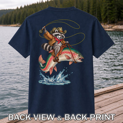 Cowboy Raccoon Riding a Rainbow Trout Fishing Graphic T-Shirt | Back Print