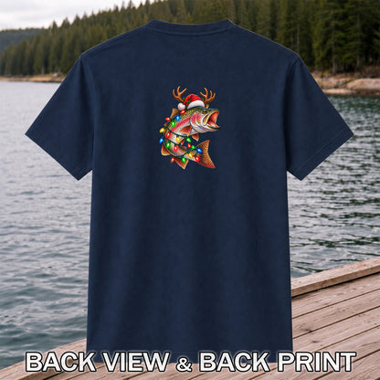 Christmas Rainbow Trout with Santa Hat, Antlers and Holiday Lights Fishing T-Shirt | Back Print