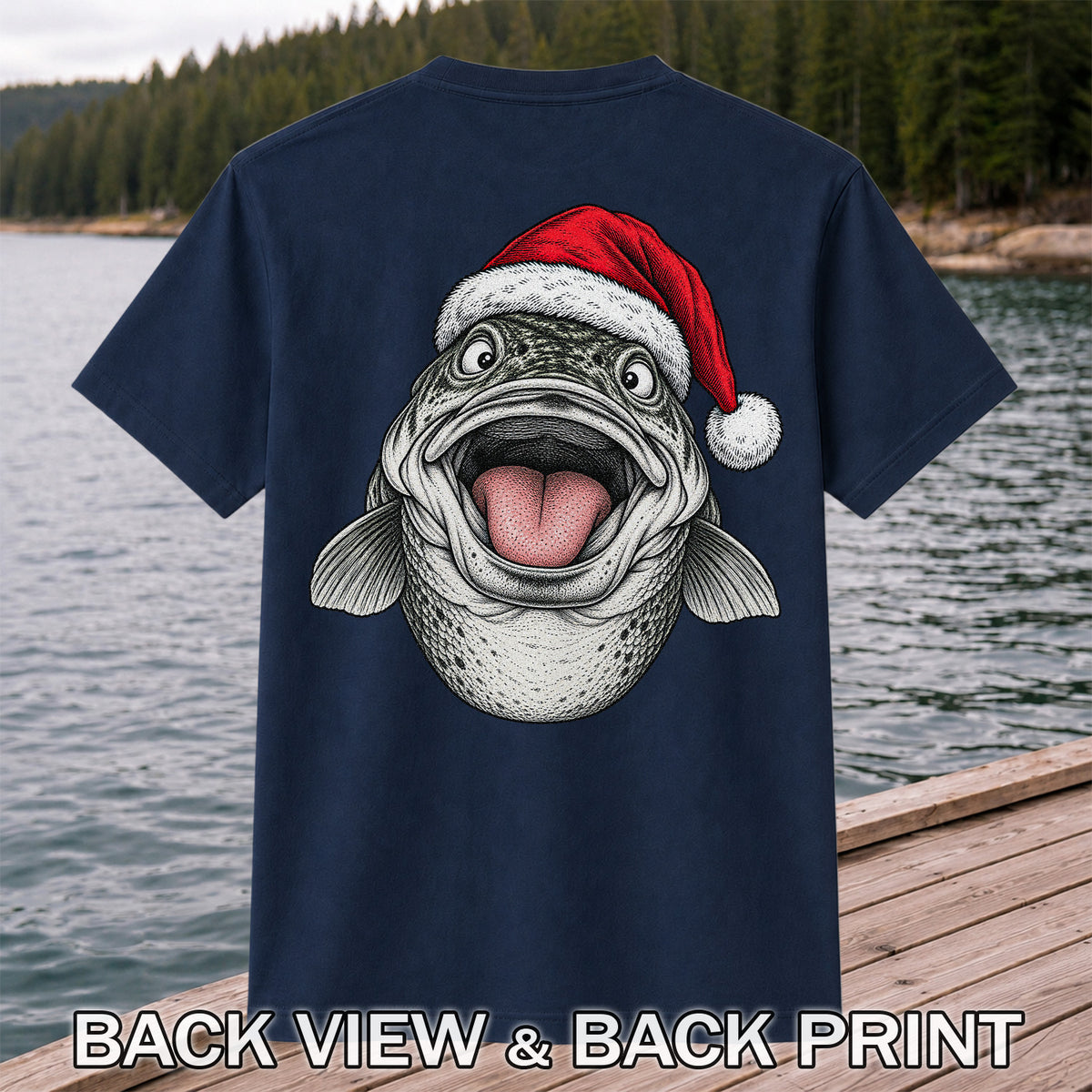 Funny Santa Hat Trout Christmas Fishing Graphic T-Shirt | Back Print