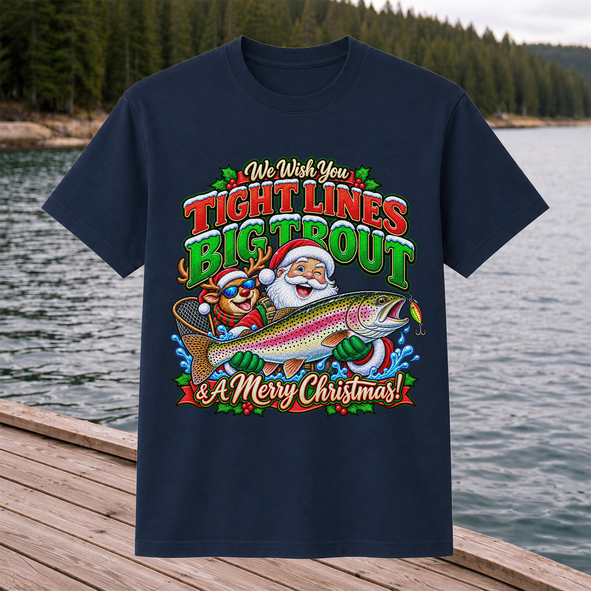 We Wish You Tight Lines Big Trout & a Merry Christmas Santa and Reindeer Fishing T-Shirt