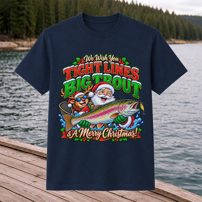 We Wish You Tight Lines Big Trout & a Merry Christmas Santa and Reindeer Fishing T-Shirt