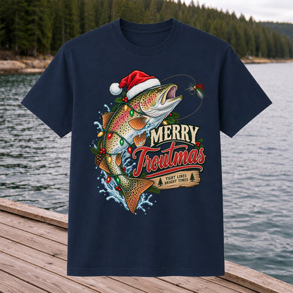 Merry Troutmas Tight Lines Bright Times Santa Hat Rainbow Trout Fishing T-Shirt