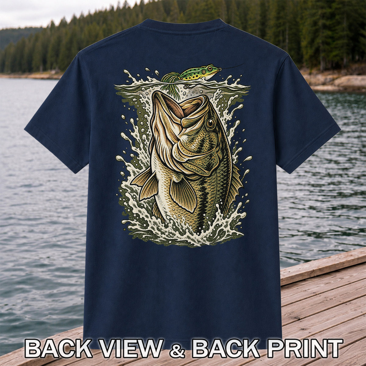 Largemouth Bass Striking a Frog Lure Fishing Graphic T-Shirt | Back Print
