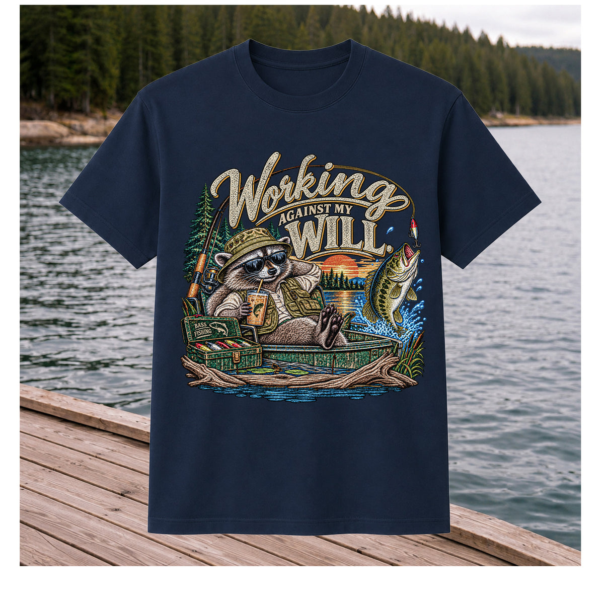Working Against My Will Raccoon Bass Fishing T-Shirt