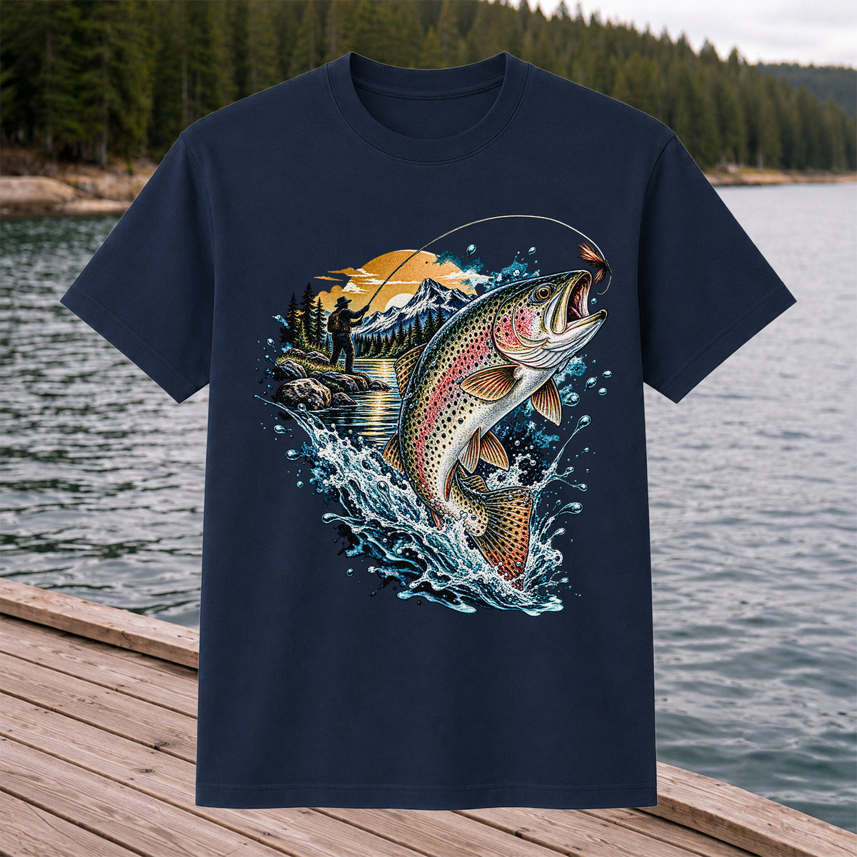 Leaping Rainbow Trout Mountain River Fly Fishing Graphic T-Shirt