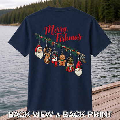 Christmas Fishing Rod Ornaments Holiday Graphic T-Shirt | Back Print