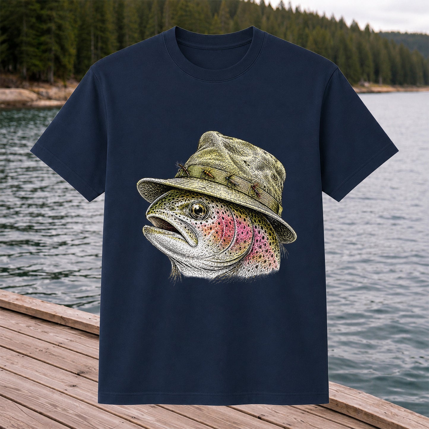 Rainbow Trout Wearing Fishing Hat Graphic T-Shirt