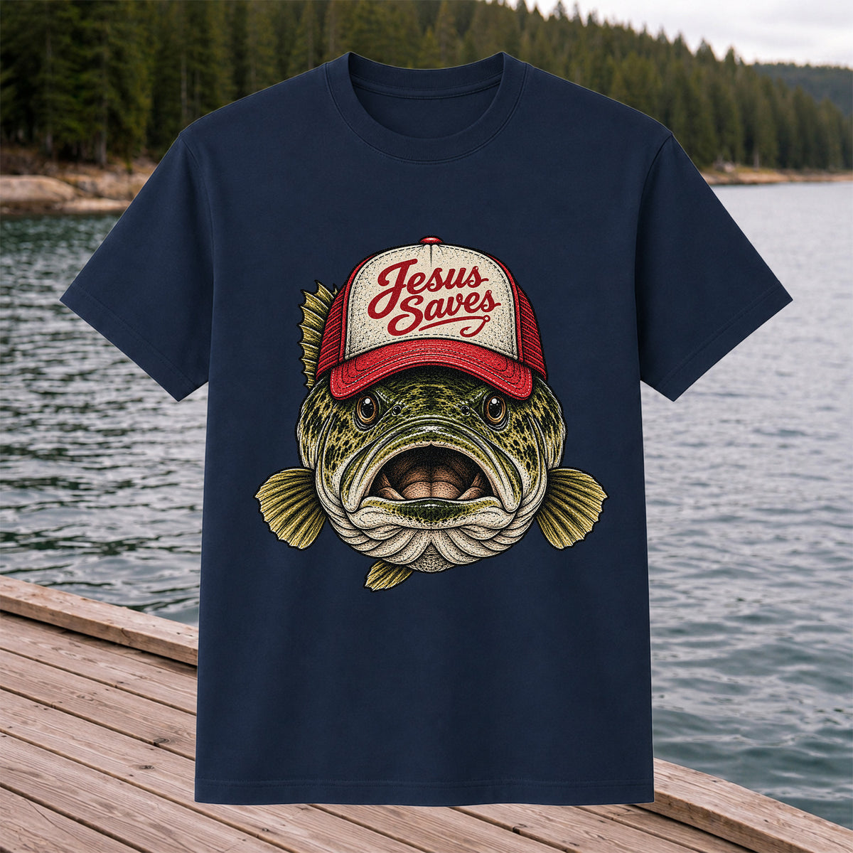 Jesus Saves Largemouth Bass in a Trucker Hat Fishing T-Shirt