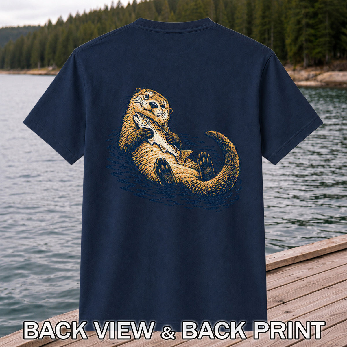 Cute Otter Holding Fish Hand Drawn Fishing Graphic T-Shirt | Back Print