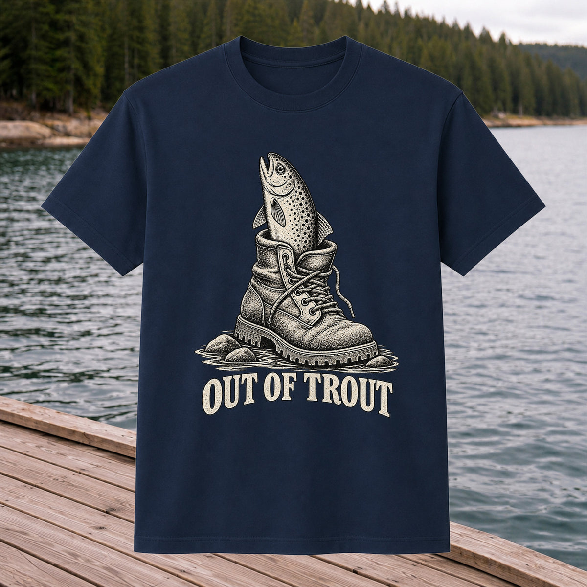 Out of Trout Funny Trout in a Hiking Boot Fishing T-Shirt