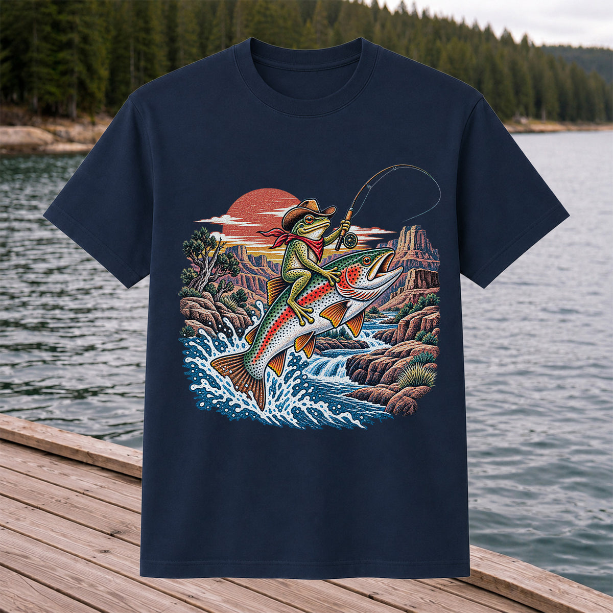 Cowboy Frog Riding a Rainbow Trout Canyon Fishing Graphic T-Shirt