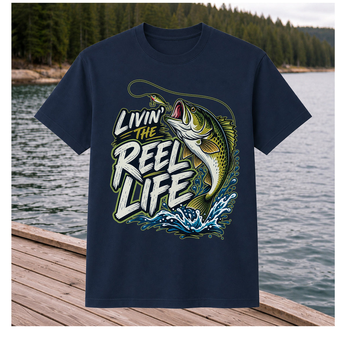 Livin' the Reel Life Jumping Bass Fishing Graphic T-Shirt