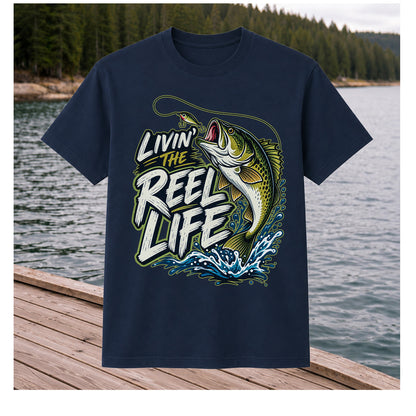 Livin' the Reel Life Jumping Bass Fishing Graphic T-Shirt